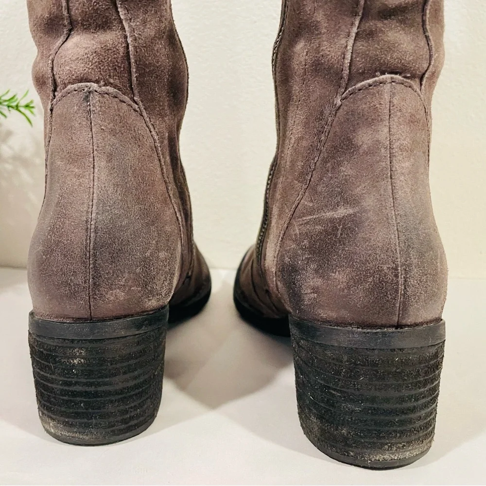 Born “Felicia” Taupe Knee-High Suede Boots Distressed w Tie Back | Like New